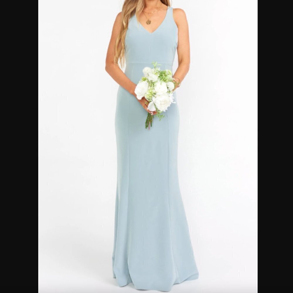 Show Me Your Mumu Morgan Gown in Silver Sage Stretch Crepe sz XS